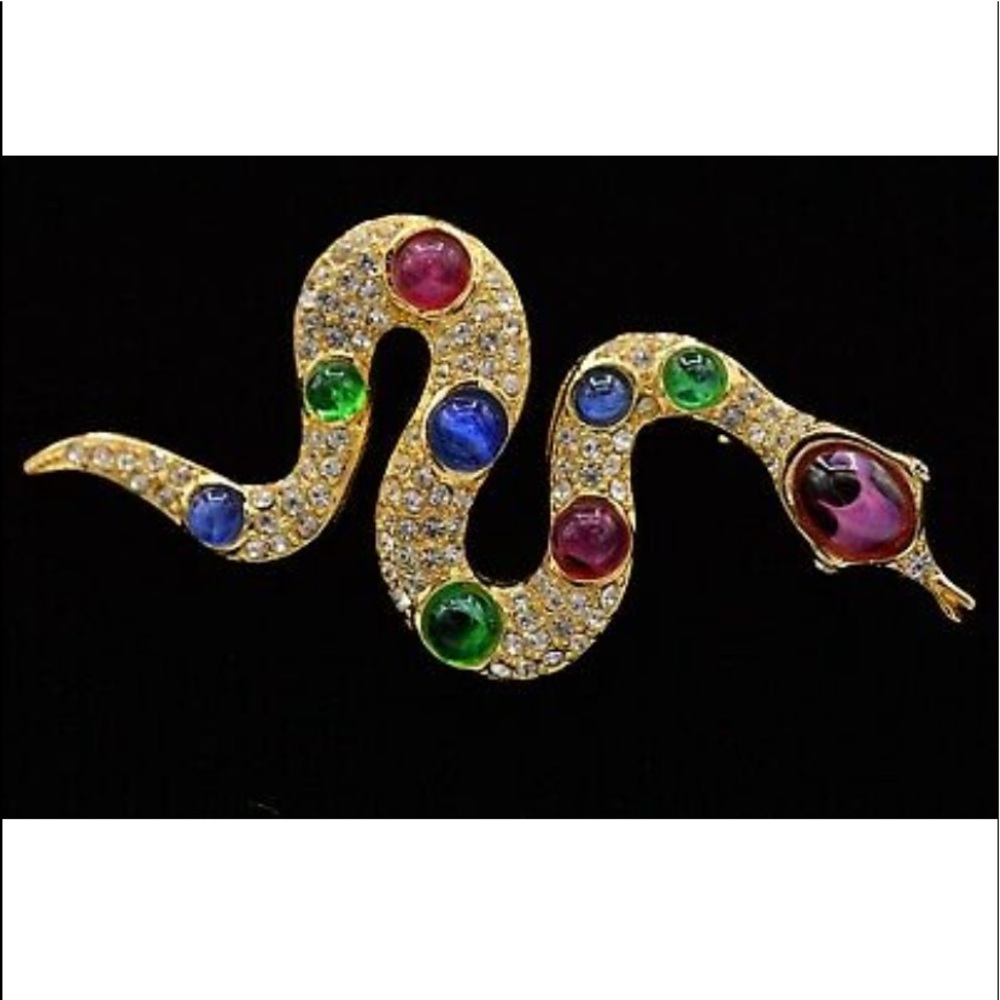 Christian Dior Cabochon Snake Pin Brooch Rhinestone Crystal Vintage 18k Gold